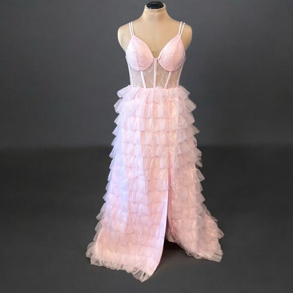Crystal Doll "Juliet” Formal Gown Size 15 Lace Bodice Ruffle Skirt Baby Pink - Picture 1 of 12